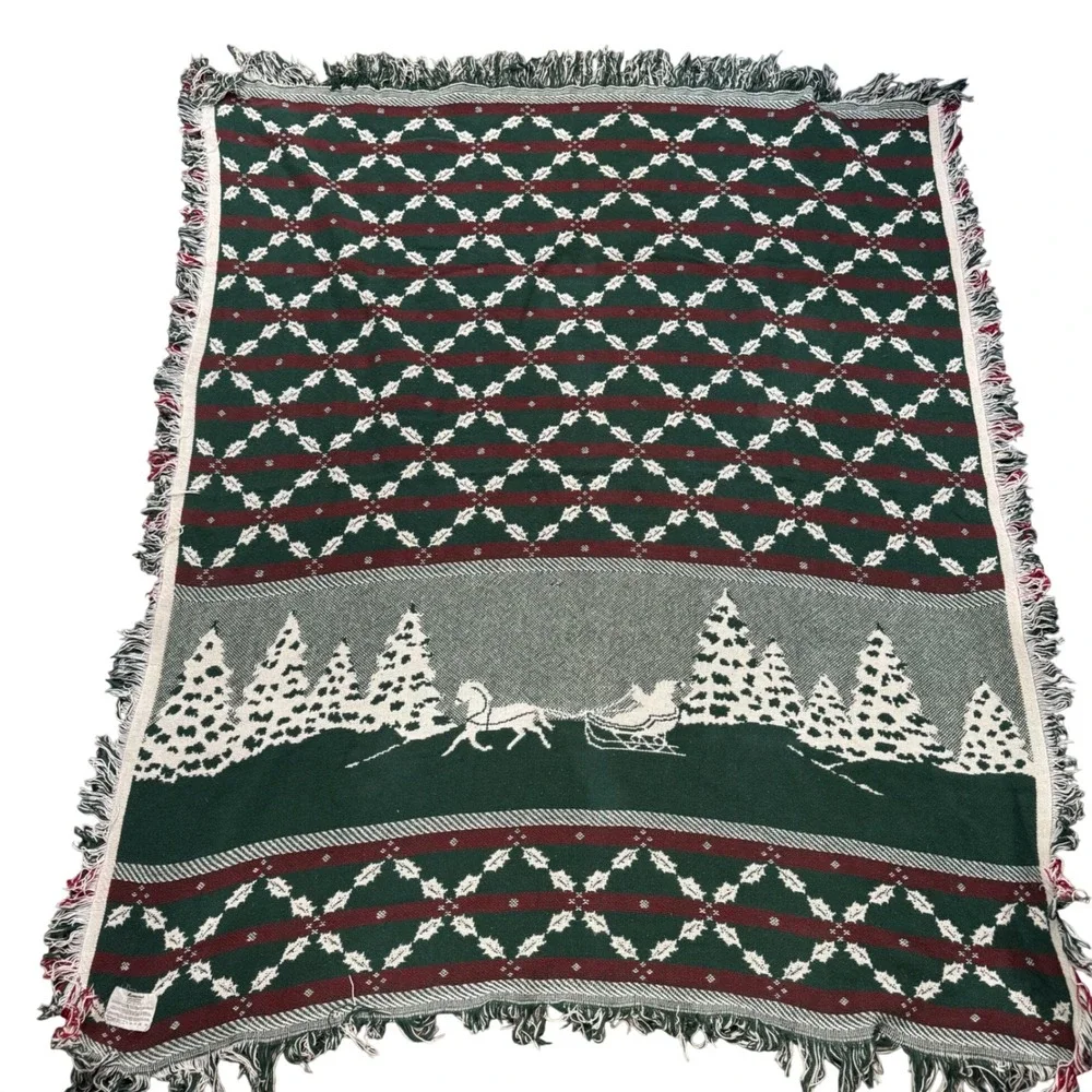 Fieldcrest Vintage Christmas Woven Throw Blanket Sleigh Holly Cotton 50x60 USA